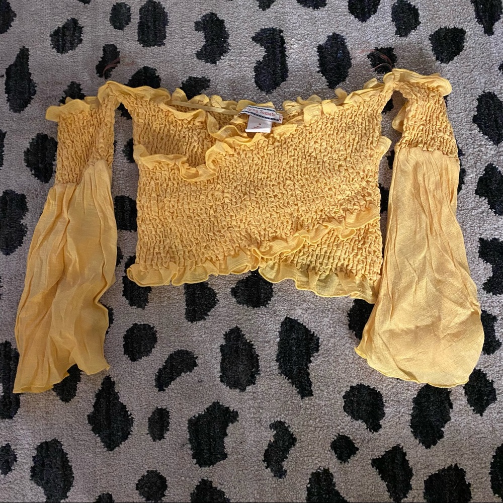 YELLOW BELL SLEEVE RUFFLE CROP TOP